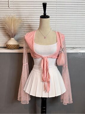 NWT Club Exx Pink Sequin Tie Front Shrug Sheer Bell Sleeves XS